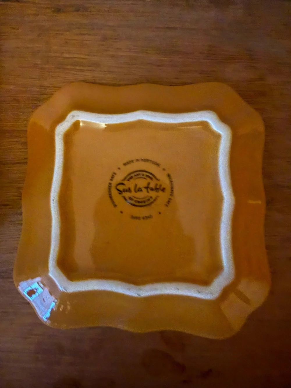 Sur La Table set of 6 Petite Ceramic scalloped edge Square Plate mustard yellow.